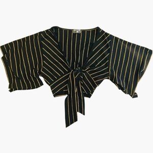 Black and Gold Striped Cropped Tie Blouse